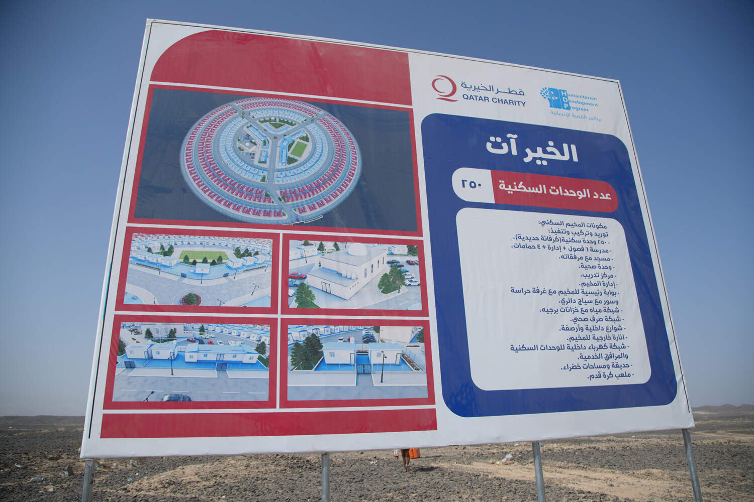 Project board of the Al-Khair Aat housing city by Qatar Charity, showing 250 housing units